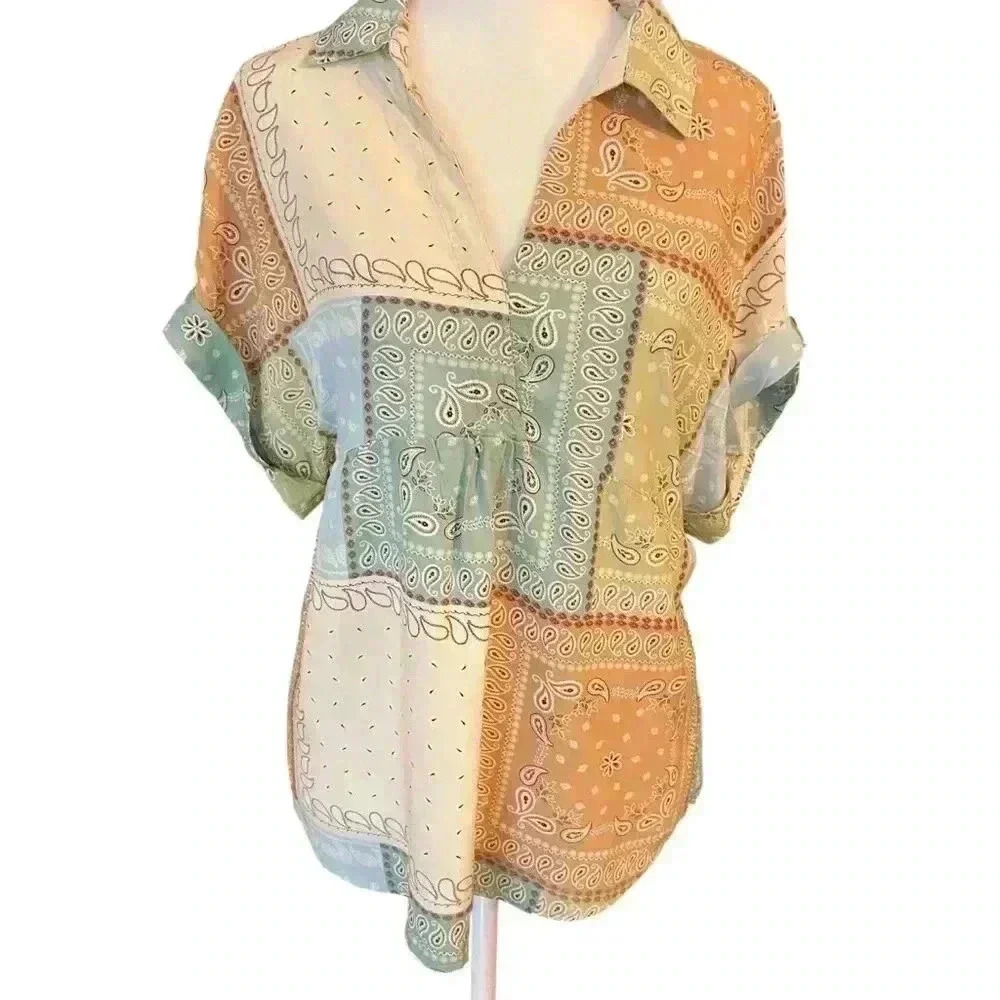 Ivy Jane Patchwork Paisley Peasant Blouse Size XS Cream Pale Pastel Cottagecore